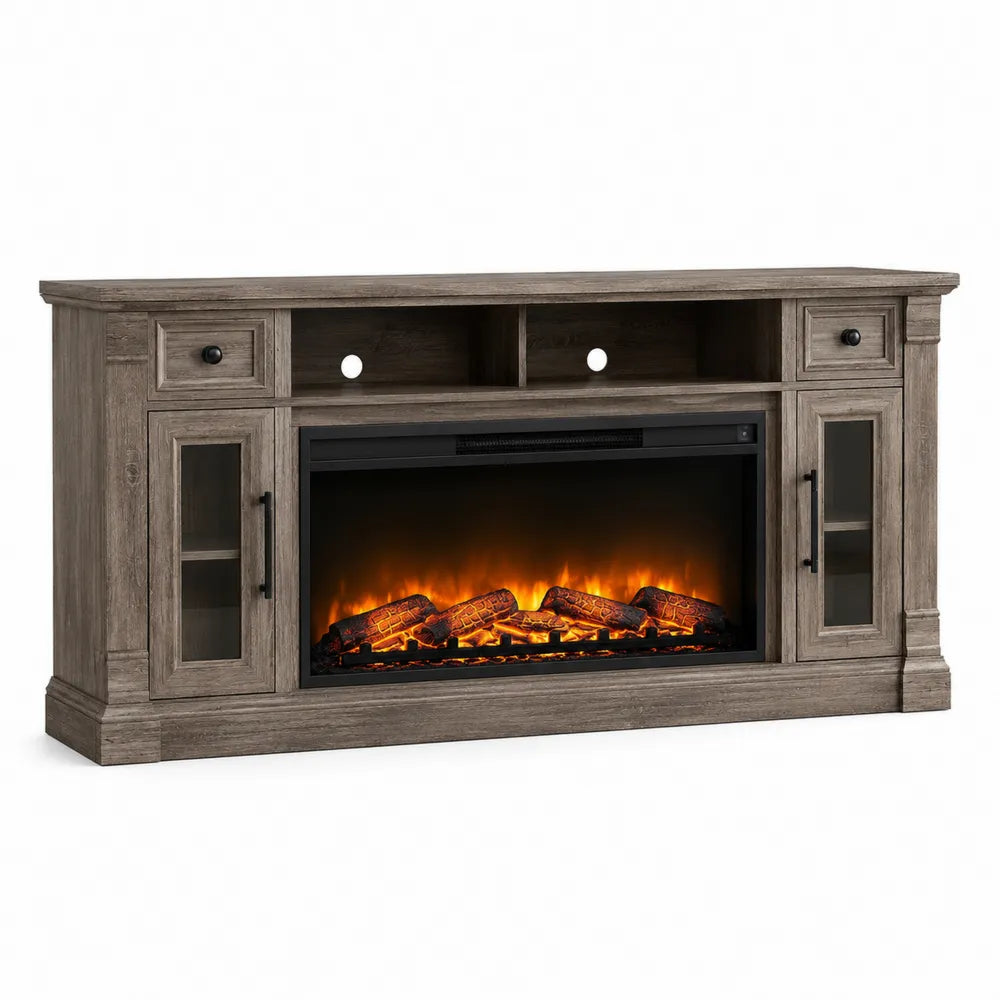 TV-Schrank mit elektrischem Kamin aus Holz und Glas, Braun