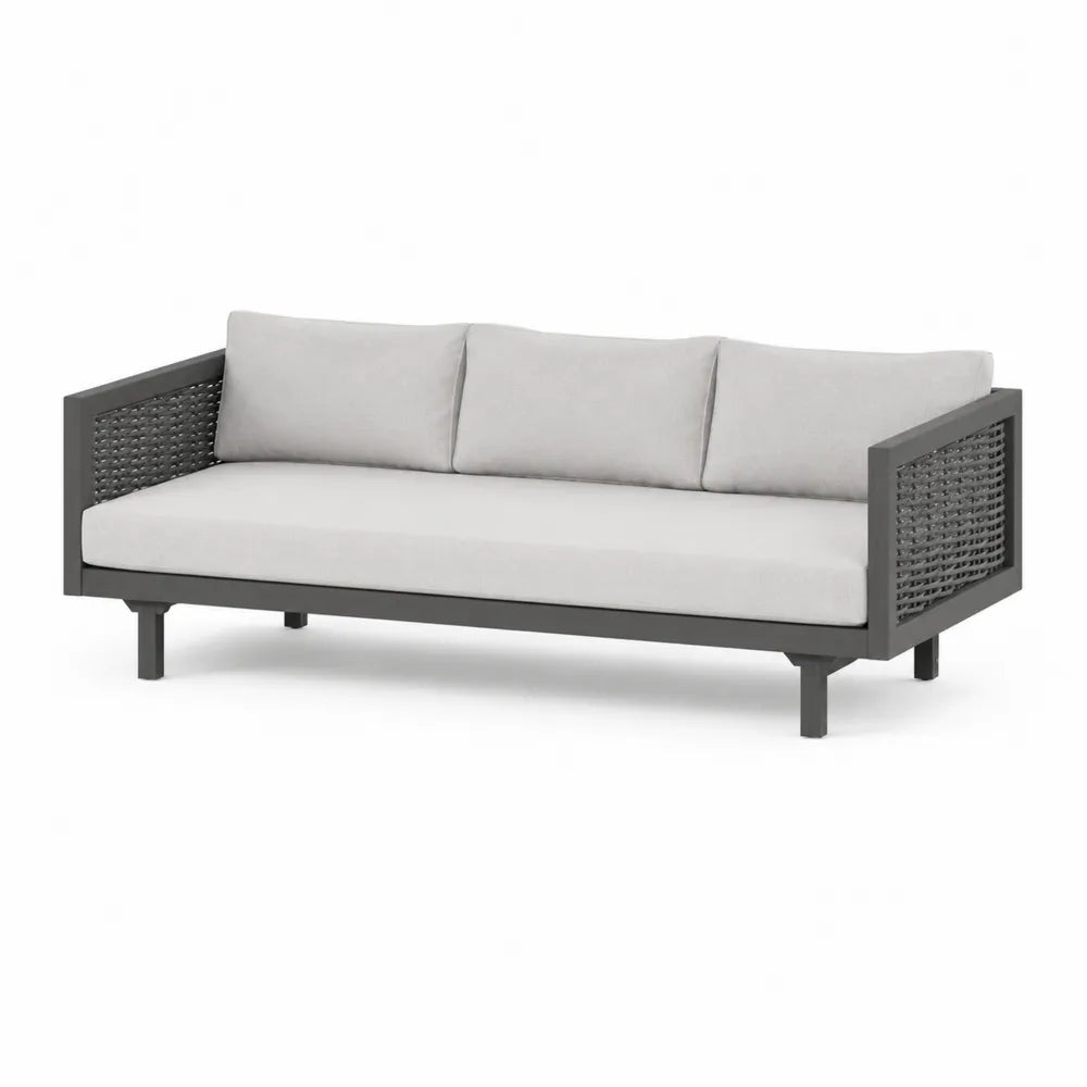 Garten-Sofa Aluminium Grau Rattan Kissen Weiß 200x80x70 cm