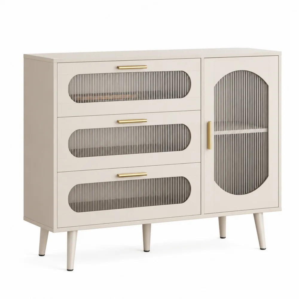 Sideboard Beige Holz Metall Riffelglas