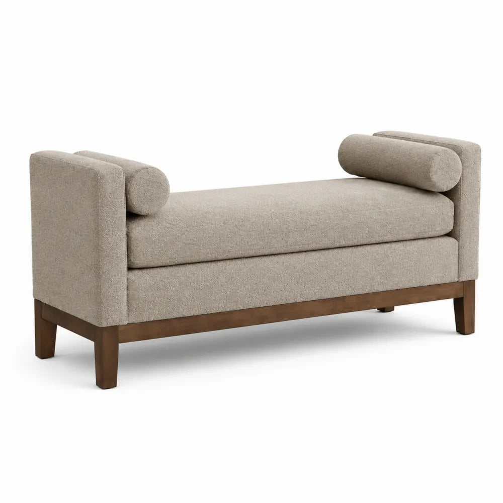 Sitzbank Beige Stoff mit Holzrahmen und Kissen